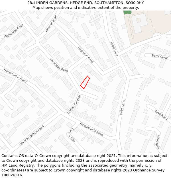 28, LINDEN GARDENS, HEDGE END, SOUTHAMPTON, SO30 0HY: Location map and indicative extent of plot