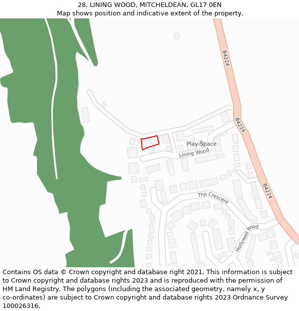 28, LINING WOOD, MITCHELDEAN, GL17 0EN: Location map and indicative extent of plot