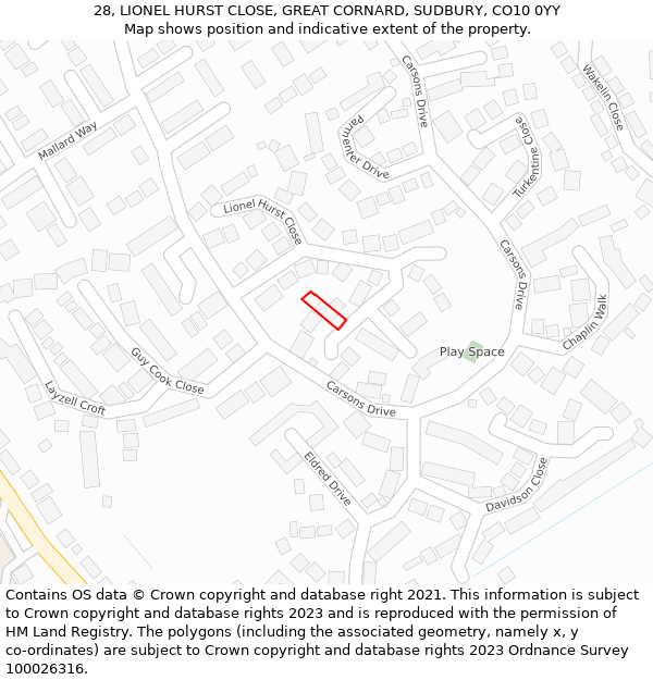 28, LIONEL HURST CLOSE, GREAT CORNARD, SUDBURY, CO10 0YY: Location map and indicative extent of plot