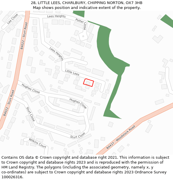 28, LITTLE LEES, CHARLBURY, CHIPPING NORTON, OX7 3HB: Location map and indicative extent of plot