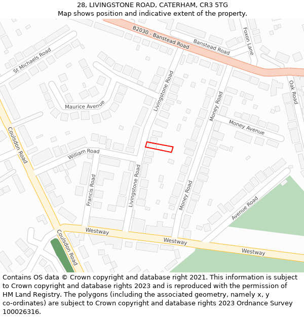 28, LIVINGSTONE ROAD, CATERHAM, CR3 5TG: Location map and indicative extent of plot