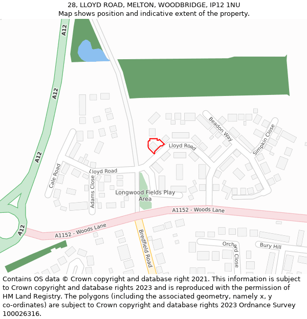 28, LLOYD ROAD, MELTON, WOODBRIDGE, IP12 1NU: Location map and indicative extent of plot