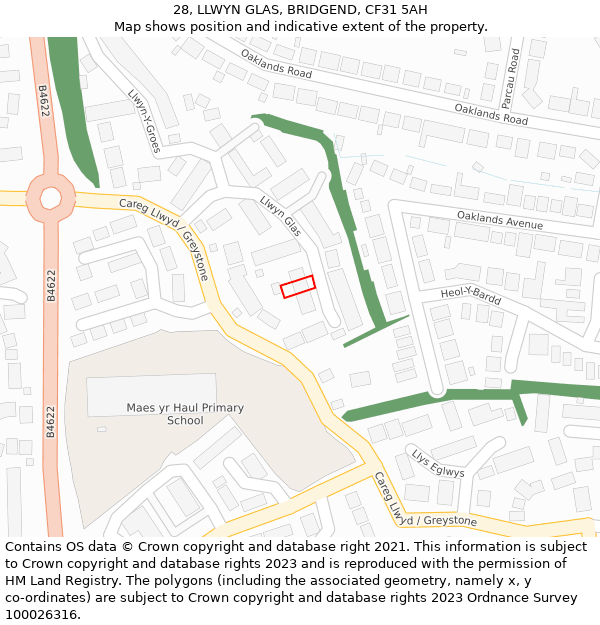 28, LLWYN GLAS, BRIDGEND, CF31 5AH: Location map and indicative extent of plot