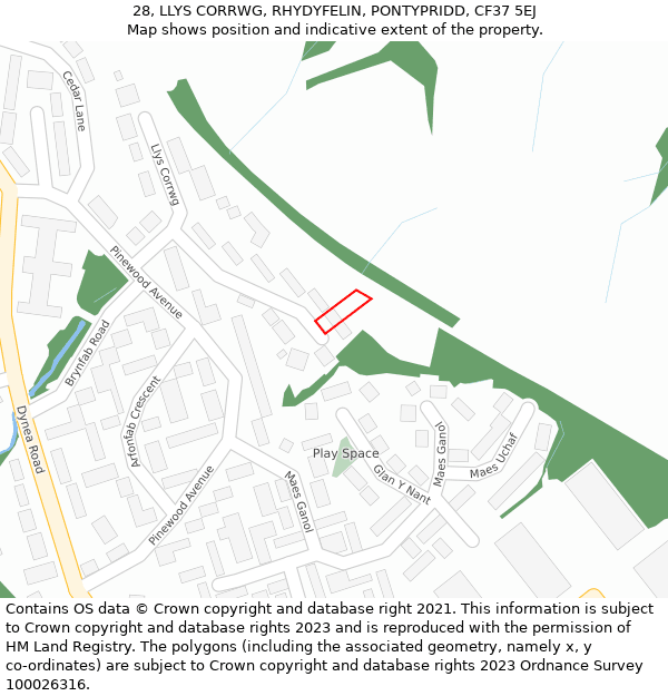 28, LLYS CORRWG, RHYDYFELIN, PONTYPRIDD, CF37 5EJ: Location map and indicative extent of plot