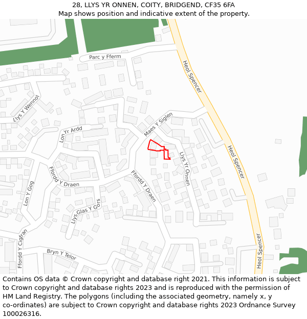 28, LLYS YR ONNEN, COITY, BRIDGEND, CF35 6FA: Location map and indicative extent of plot