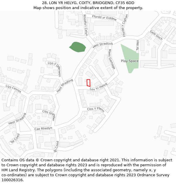28, LON YR HELYG, COITY, BRIDGEND, CF35 6DD: Location map and indicative extent of plot
