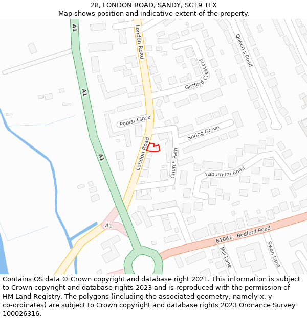 28, LONDON ROAD, SANDY, SG19 1EX: Location map and indicative extent of plot