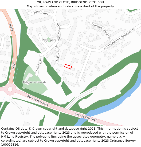 28, LOWLAND CLOSE, BRIDGEND, CF31 5BU: Location map and indicative extent of plot
