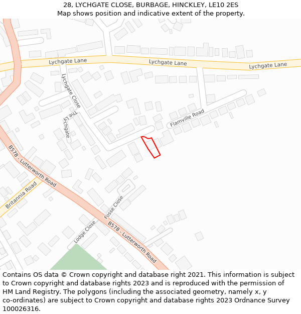 28, LYCHGATE CLOSE, BURBAGE, HINCKLEY, LE10 2ES: Location map and indicative extent of plot