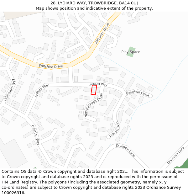 28, LYDIARD WAY, TROWBRIDGE, BA14 0UJ: Location map and indicative extent of plot