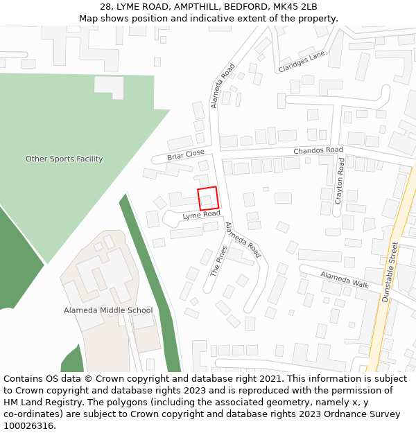28, LYME ROAD, AMPTHILL, BEDFORD, MK45 2LB: Location map and indicative extent of plot