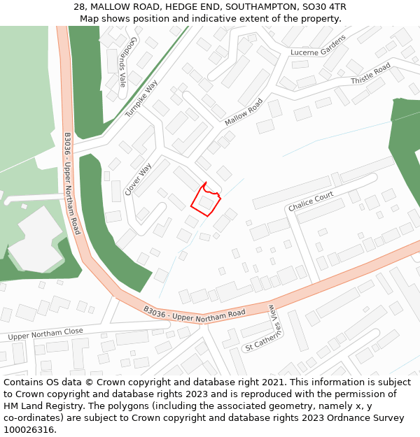 28, MALLOW ROAD, HEDGE END, SOUTHAMPTON, SO30 4TR: Location map and indicative extent of plot