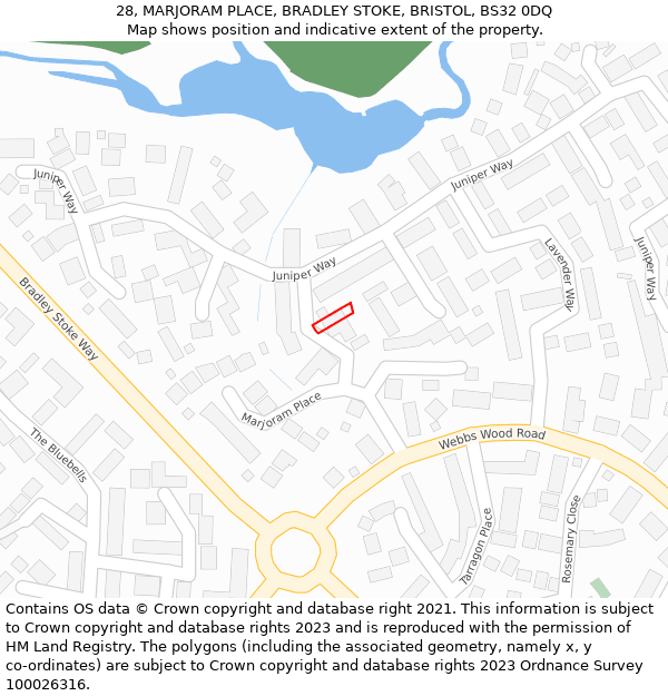 28, MARJORAM PLACE, BRADLEY STOKE, BRISTOL, BS32 0DQ: Location map and indicative extent of plot