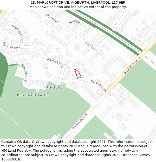 28, MARLCROFT DRIVE, AIGBURTH, LIVERPOOL, L17 6ER: Location map and indicative extent of plot