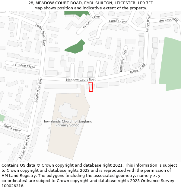 28, MEADOW COURT ROAD, EARL SHILTON, LEICESTER, LE9 7FF: Location map and indicative extent of plot
