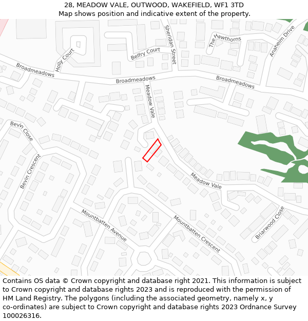 28, MEADOW VALE, OUTWOOD, WAKEFIELD, WF1 3TD: Location map and indicative extent of plot