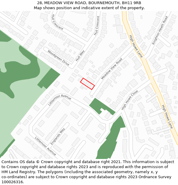 28, MEADOW VIEW ROAD, BOURNEMOUTH, BH11 9RB: Location map and indicative extent of plot