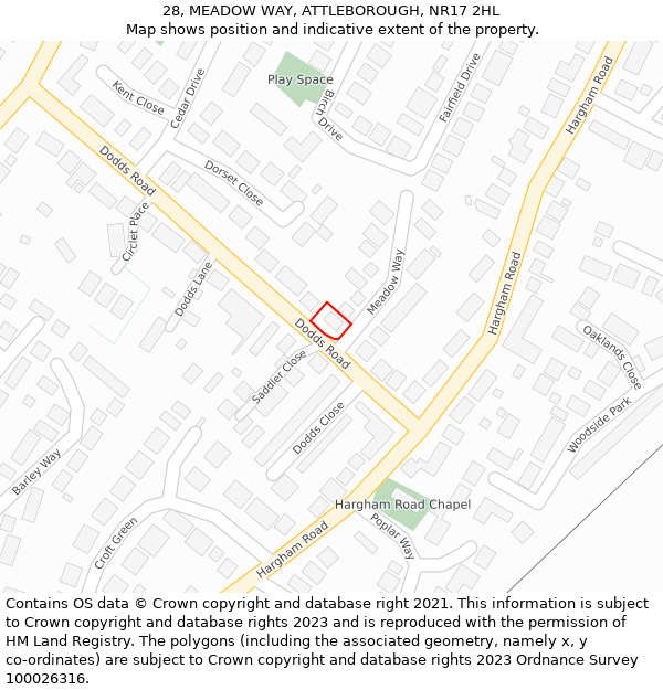 28, MEADOW WAY, ATTLEBOROUGH, NR17 2HL: Location map and indicative extent of plot