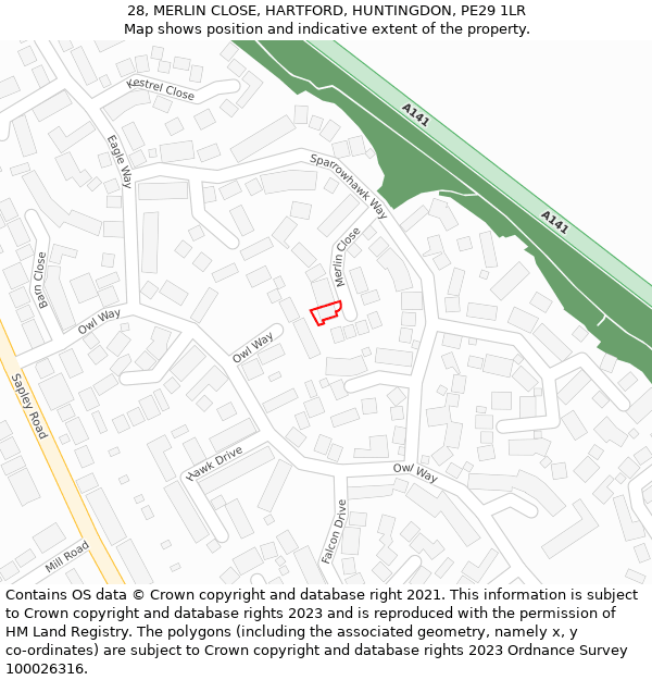 28, MERLIN CLOSE, HARTFORD, HUNTINGDON, PE29 1LR: Location map and indicative extent of plot