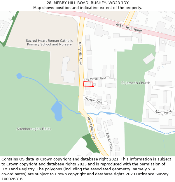 28, MERRY HILL ROAD, BUSHEY, WD23 1DY: Location map and indicative extent of plot