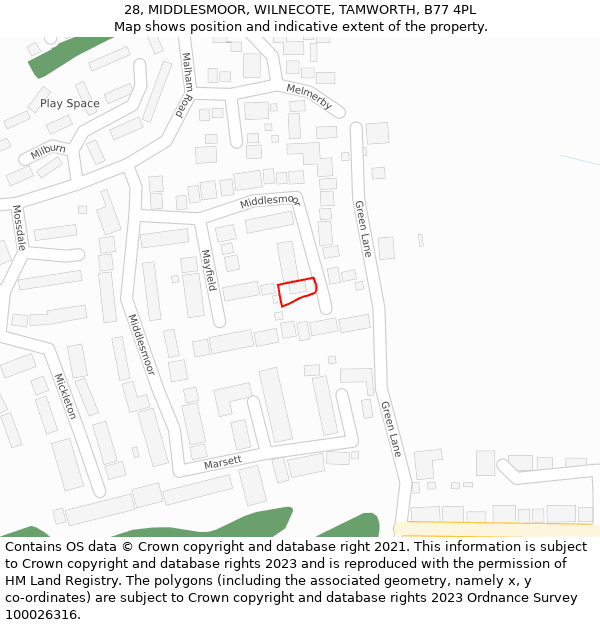 28, MIDDLESMOOR, WILNECOTE, TAMWORTH, B77 4PL: Location map and indicative extent of plot