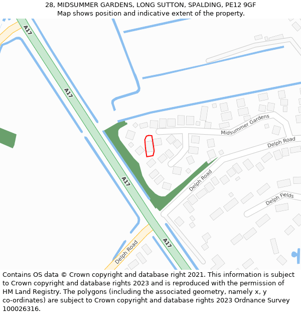 28, MIDSUMMER GARDENS, LONG SUTTON, SPALDING, PE12 9GF: Location map and indicative extent of plot