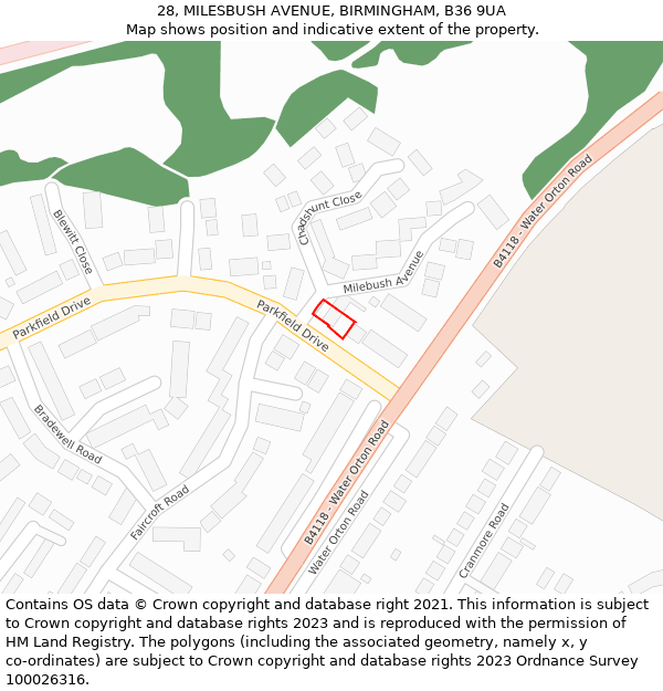 28, MILESBUSH AVENUE, BIRMINGHAM, B36 9UA: Location map and indicative extent of plot