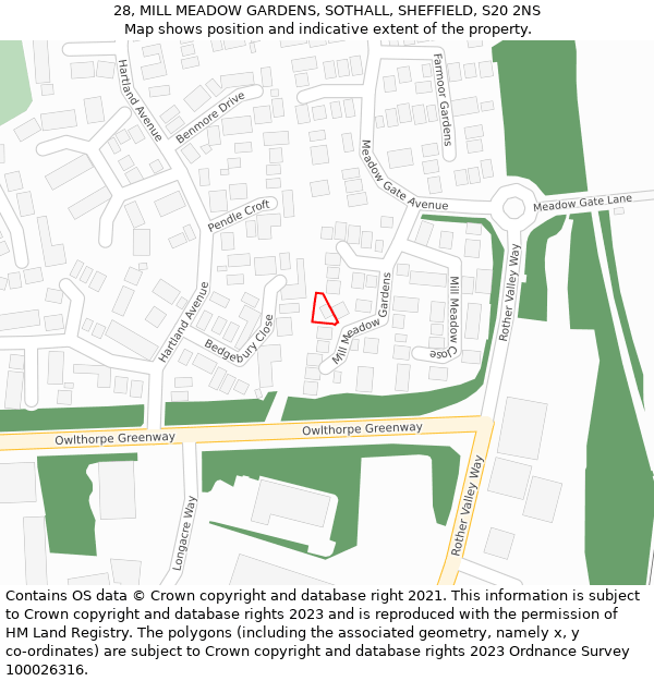 28, MILL MEADOW GARDENS, SOTHALL, SHEFFIELD, S20 2NS: Location map and indicative extent of plot