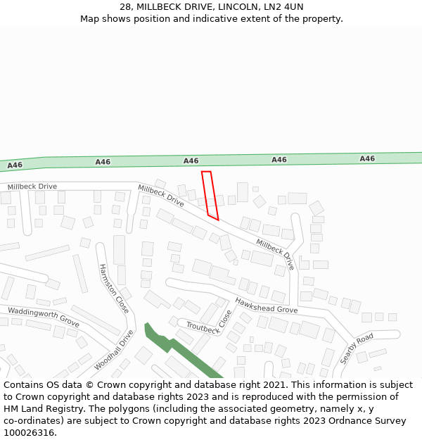 28, MILLBECK DRIVE, LINCOLN, LN2 4UN: Location map and indicative extent of plot