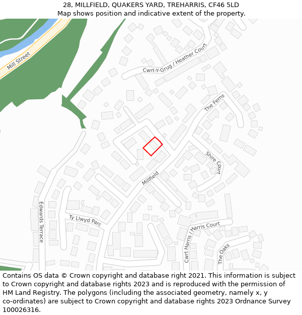 28, MILLFIELD, QUAKERS YARD, TREHARRIS, CF46 5LD: Location map and indicative extent of plot