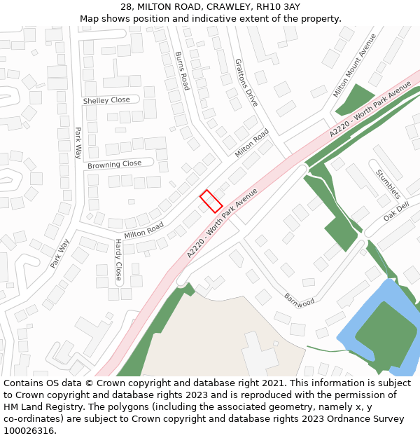 28, MILTON ROAD, CRAWLEY, RH10 3AY: Location map and indicative extent of plot