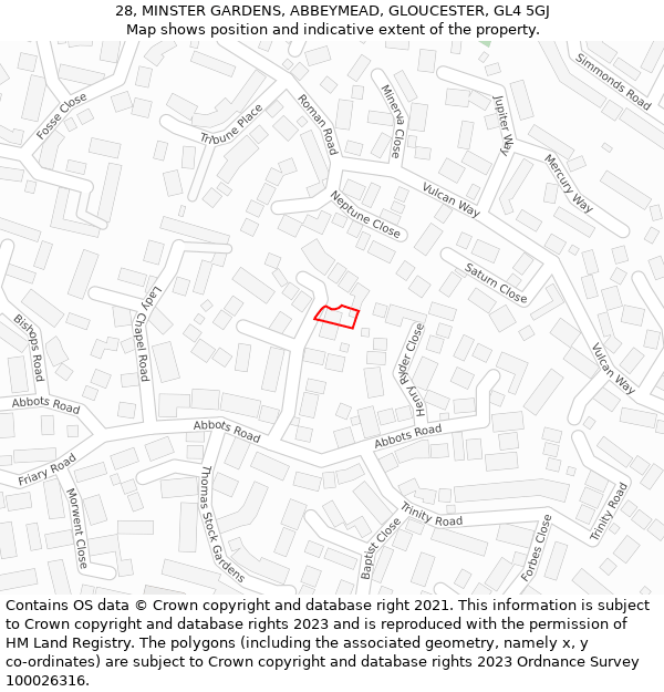 28, MINSTER GARDENS, ABBEYMEAD, GLOUCESTER, GL4 5GJ: Location map and indicative extent of plot