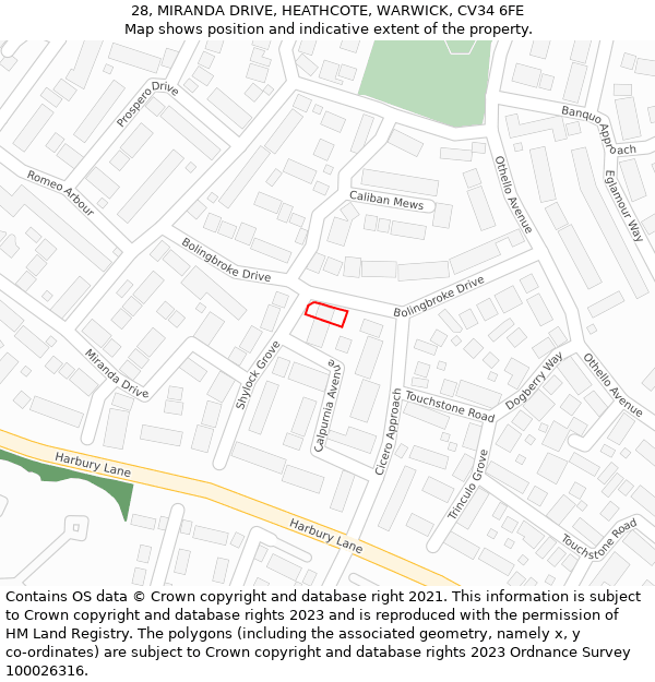 28, MIRANDA DRIVE, HEATHCOTE, WARWICK, CV34 6FE: Location map and indicative extent of plot