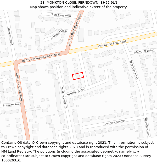 28, MONKTON CLOSE, FERNDOWN, BH22 9LN: Location map and indicative extent of plot