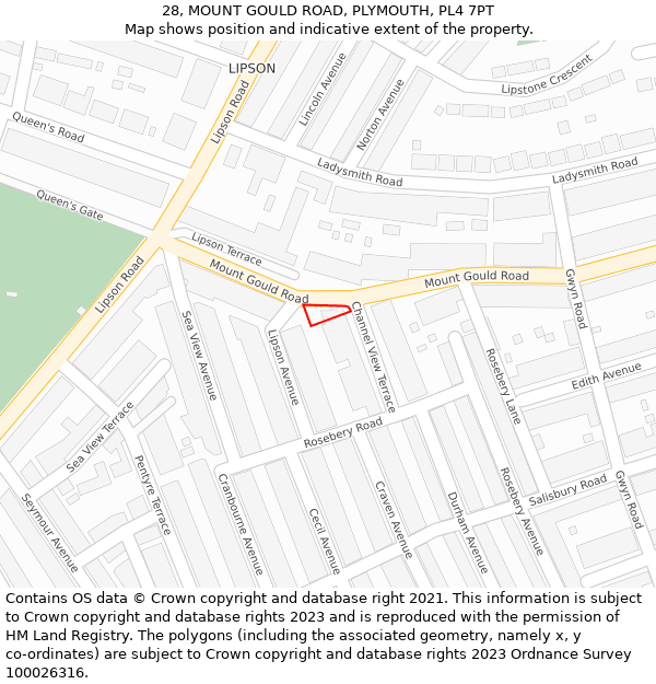 28, MOUNT GOULD ROAD, PLYMOUTH, PL4 7PT: Location map and indicative extent of plot