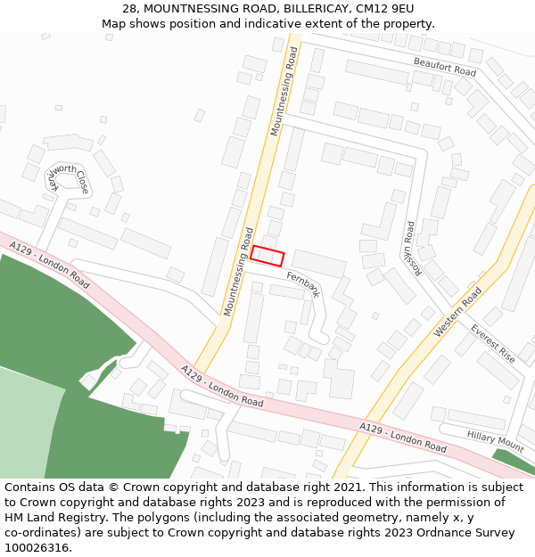28, MOUNTNESSING ROAD, BILLERICAY, CM12 9EU: Location map and indicative extent of plot