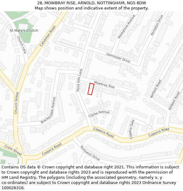 28, MOWBRAY RISE, ARNOLD, NOTTINGHAM, NG5 8DW: Location map and indicative extent of plot
