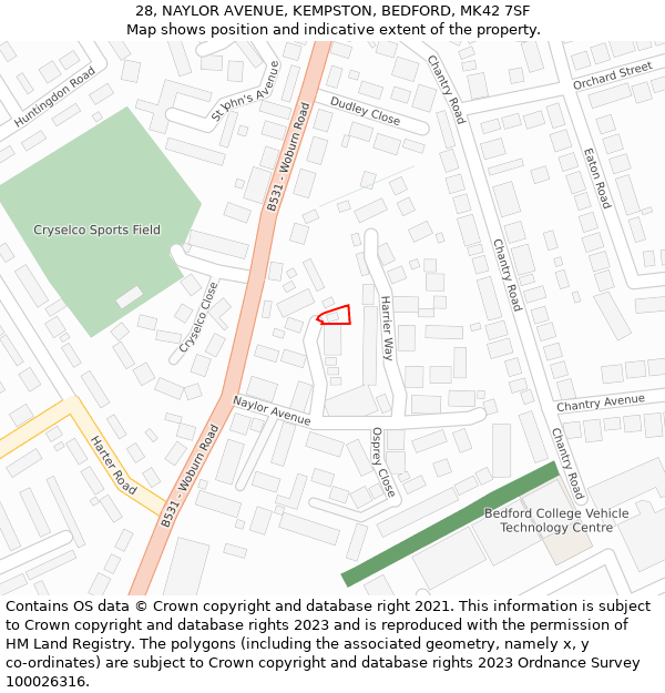 28, NAYLOR AVENUE, KEMPSTON, BEDFORD, MK42 7SF: Location map and indicative extent of plot