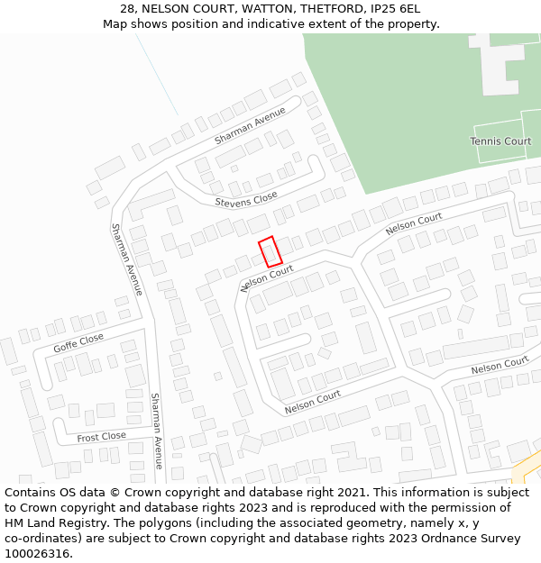 28, NELSON COURT, WATTON, THETFORD, IP25 6EL: Location map and indicative extent of plot