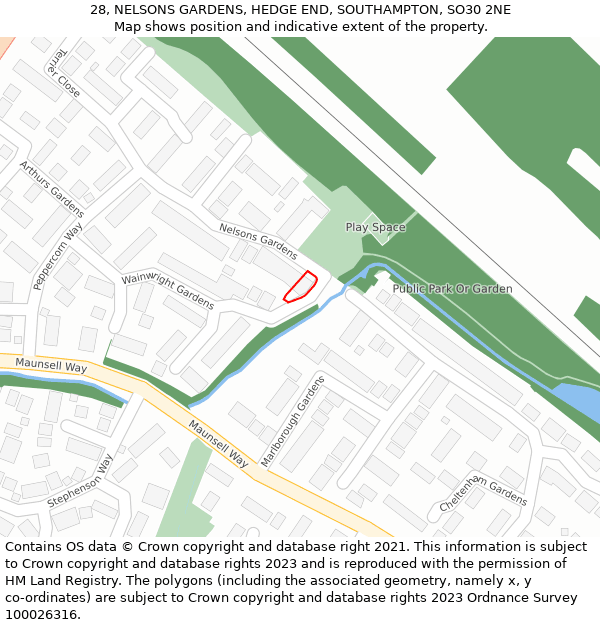 28, NELSONS GARDENS, HEDGE END, SOUTHAMPTON, SO30 2NE: Location map and indicative extent of plot