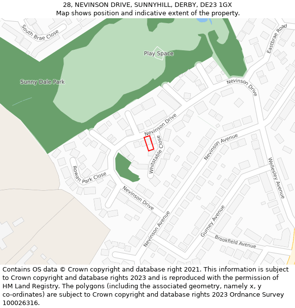 28, NEVINSON DRIVE, SUNNYHILL, DERBY, DE23 1GX: Location map and indicative extent of plot