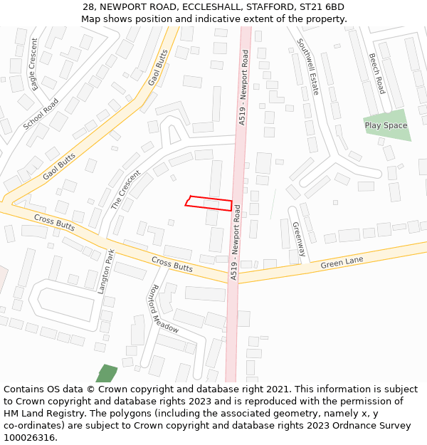 28, NEWPORT ROAD, ECCLESHALL, STAFFORD, ST21 6BD: Location map and indicative extent of plot