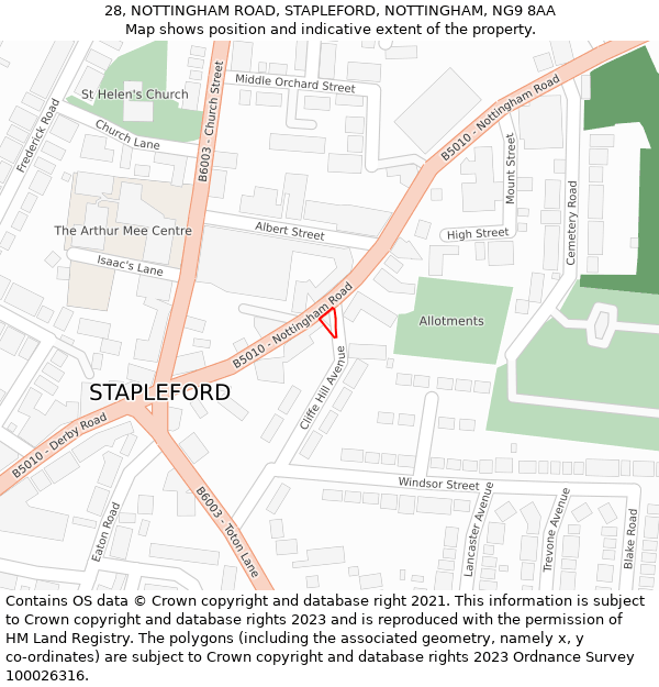 28, NOTTINGHAM ROAD, STAPLEFORD, NOTTINGHAM, NG9 8AA: Location map and indicative extent of plot