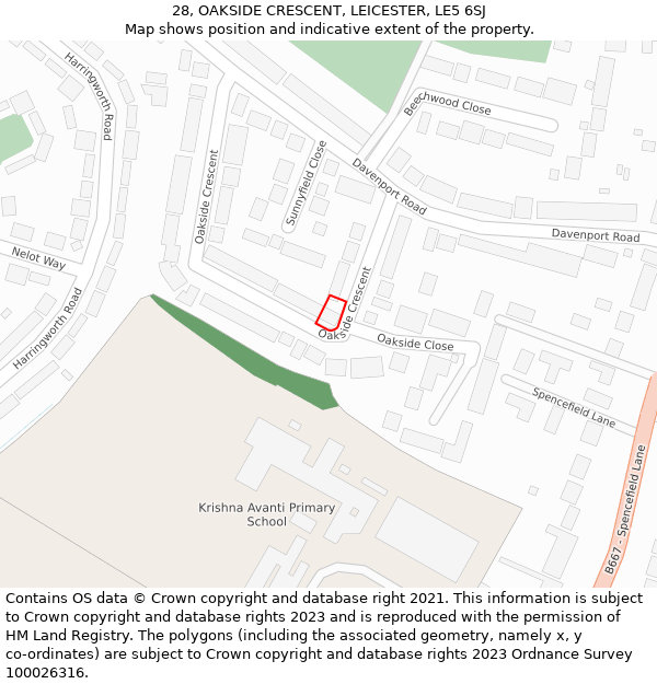 28, OAKSIDE CRESCENT, LEICESTER, LE5 6SJ: Location map and indicative extent of plot