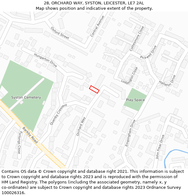 28, ORCHARD WAY, SYSTON, LEICESTER, LE7 2AL: Location map and indicative extent of plot