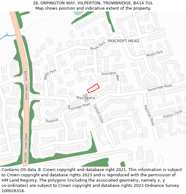 28, ORPINGTON WAY, HILPERTON, TROWBRIDGE, BA14 7UL: Location map and indicative extent of plot