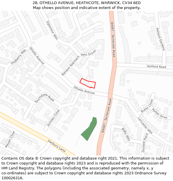 28, OTHELLO AVENUE, HEATHCOTE, WARWICK, CV34 6ED: Location map and indicative extent of plot