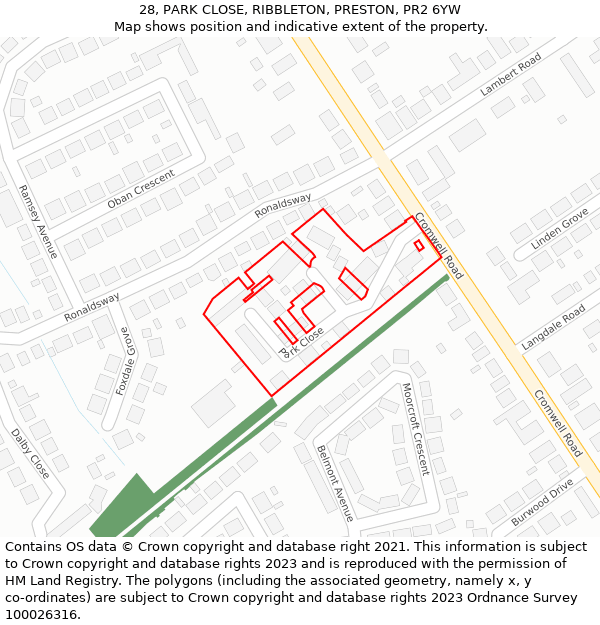 28, PARK CLOSE, RIBBLETON, PRESTON, PR2 6YW: Location map and indicative extent of plot