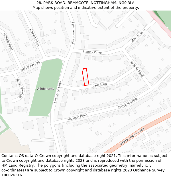 28, PARK ROAD, BRAMCOTE, NOTTINGHAM, NG9 3LA: Location map and indicative extent of plot