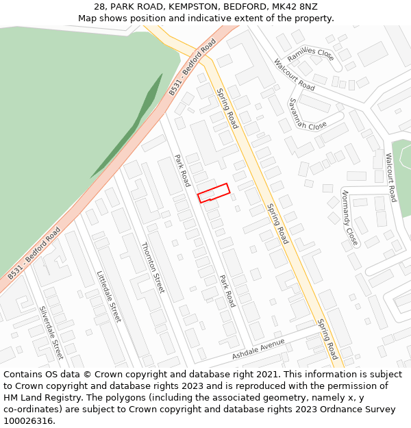 28, PARK ROAD, KEMPSTON, BEDFORD, MK42 8NZ: Location map and indicative extent of plot